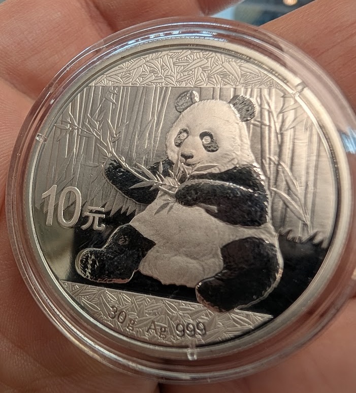 Chinese silver Panda coin showing 10 yuan denomination and 30g Ag .999 markings.